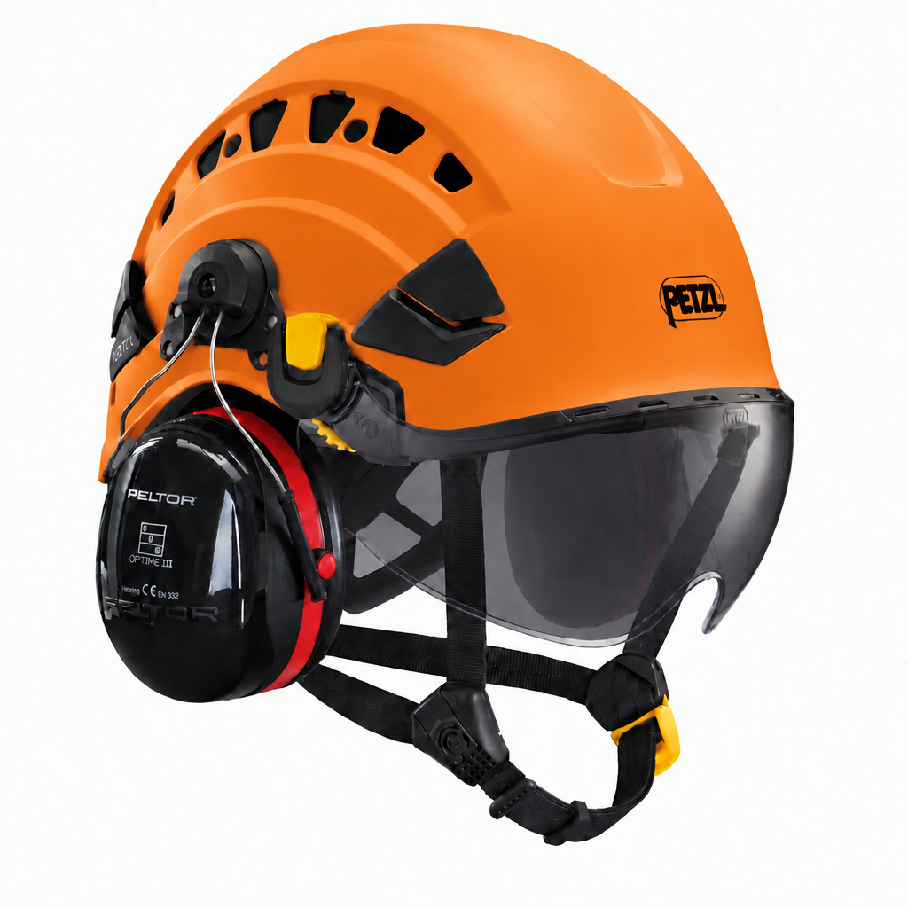 Petzl VERTEX VENT oranje met VIZIR SHADOW vizier en 3M Peltor Optime III gehoorkap