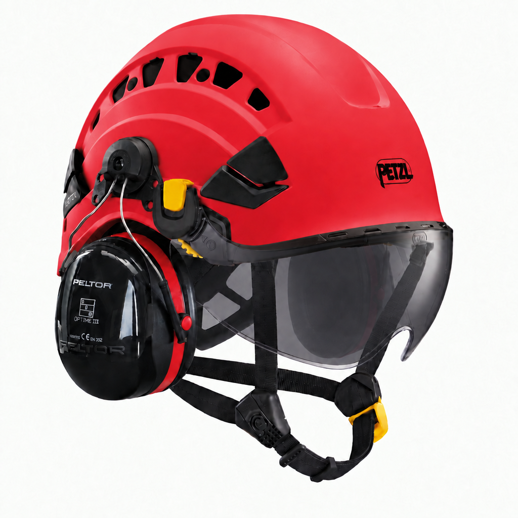 Petzl VERTEX VENT rood met VIZIR SHADOW vizier en 3M Peltor Optime III gehoorkap
