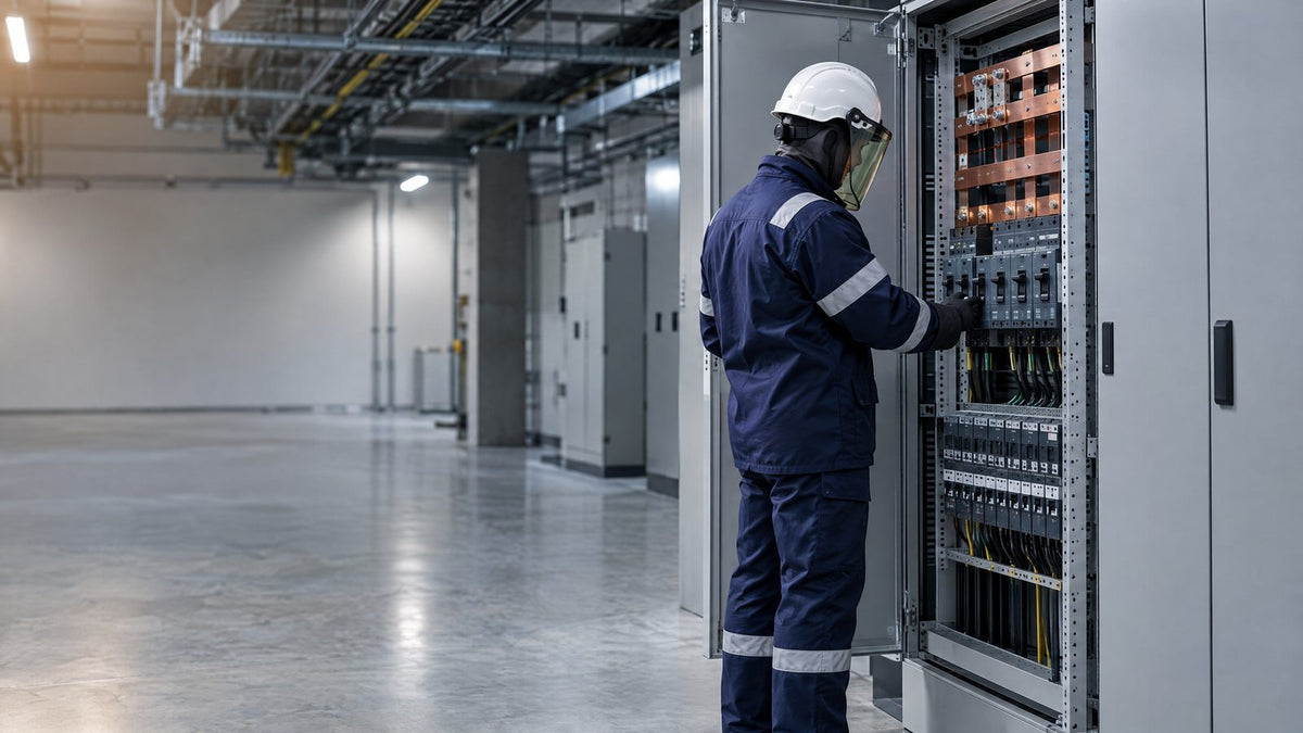 Elektrotechnicus in vlamboogbeschermende werkkleding met gelaatsscherm voor een open laagspanningsverdeelkast