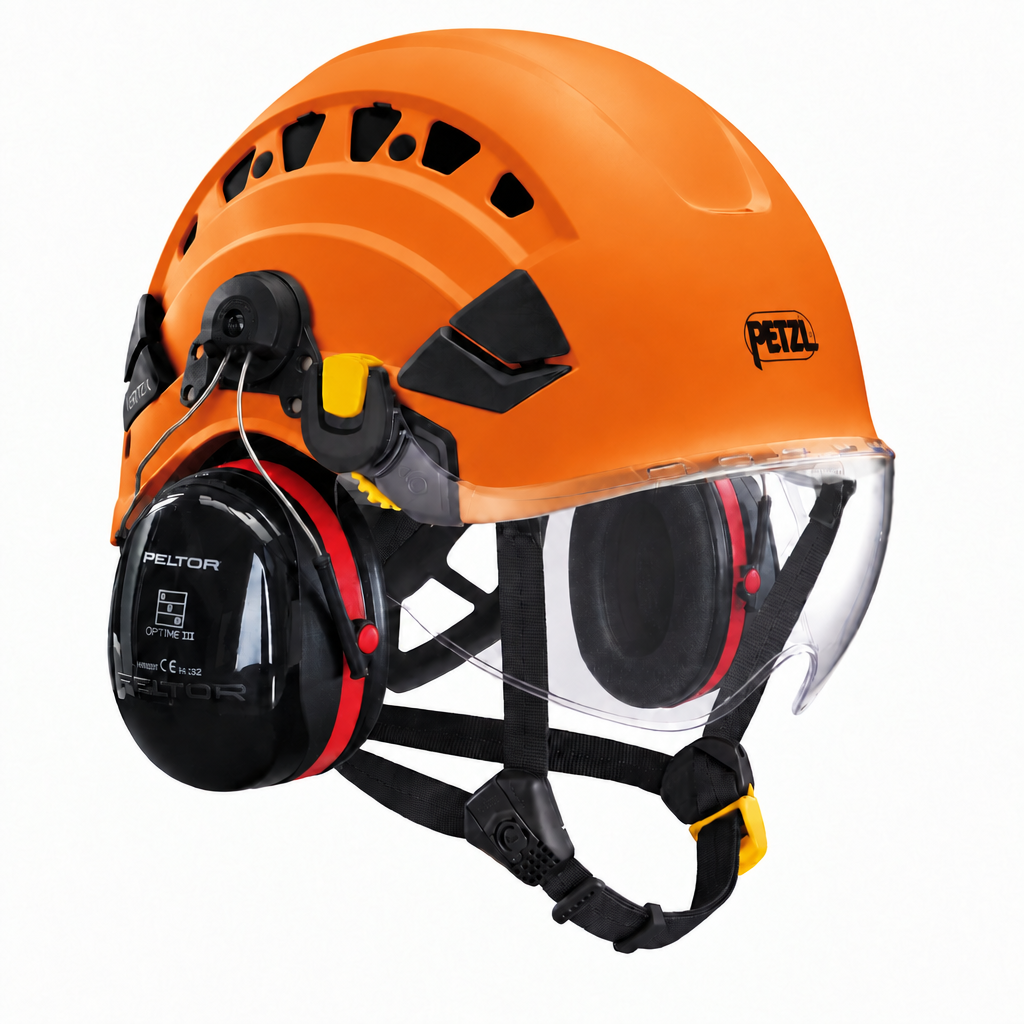 Petzl VERTEX VENT oranje met VIZIR vizier en 3M Peltor Optime III gehoorkap